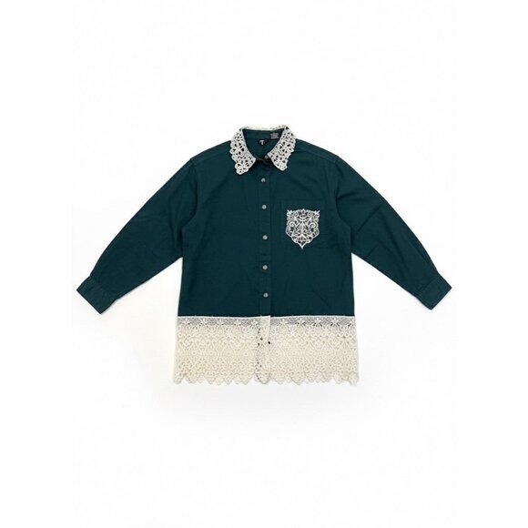 PTNY Deep Emerald Green Cotton Shirt Lace Appliqué Western Blouse Sz M - Picture 2 of 4